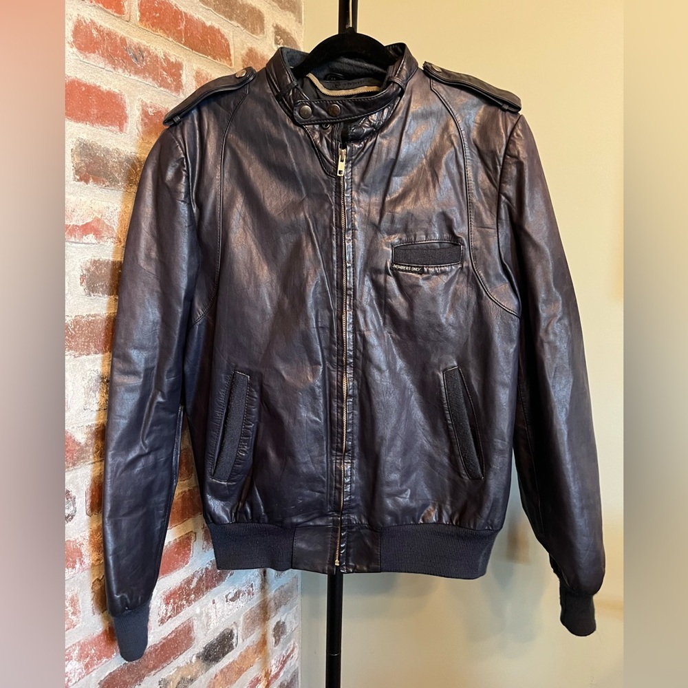 Members Only navy leather iconic racer jacket | size 46 or US XL